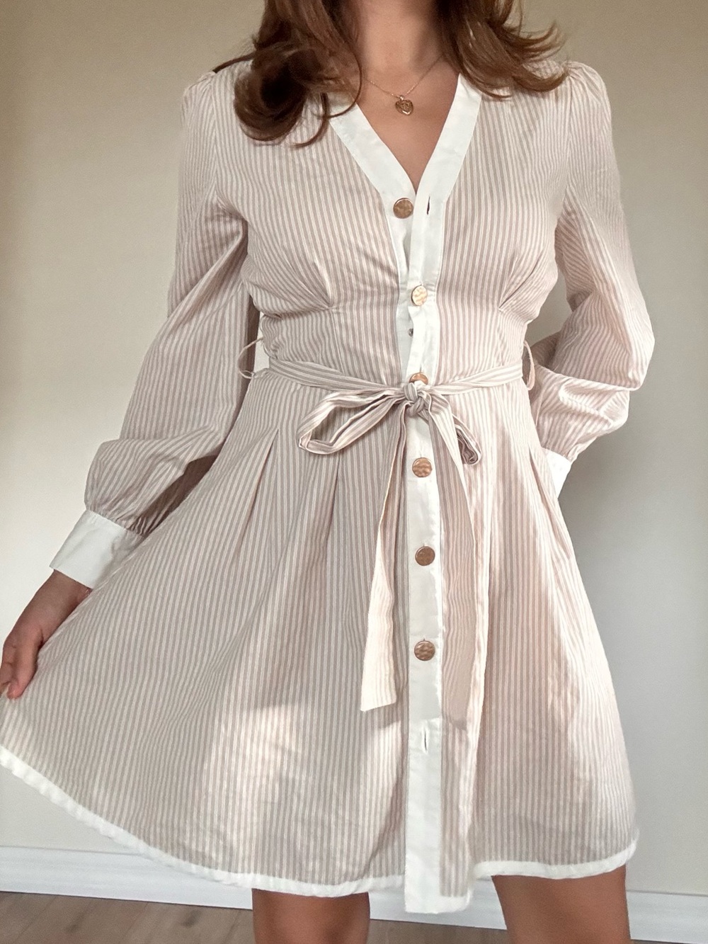 Able Pink and White Striped Tie-Waist Shirt Dress